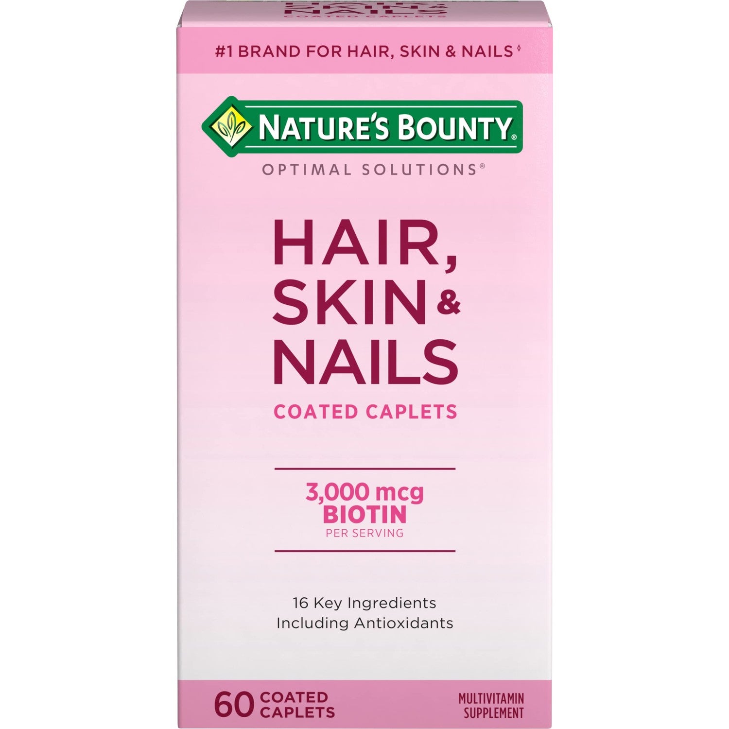 Nature's Bounty Optimal Solutions Hair, Skin & Nails Formula, 20 Servings | With 3,000 mcg Biotin, 60 Coated Caplets