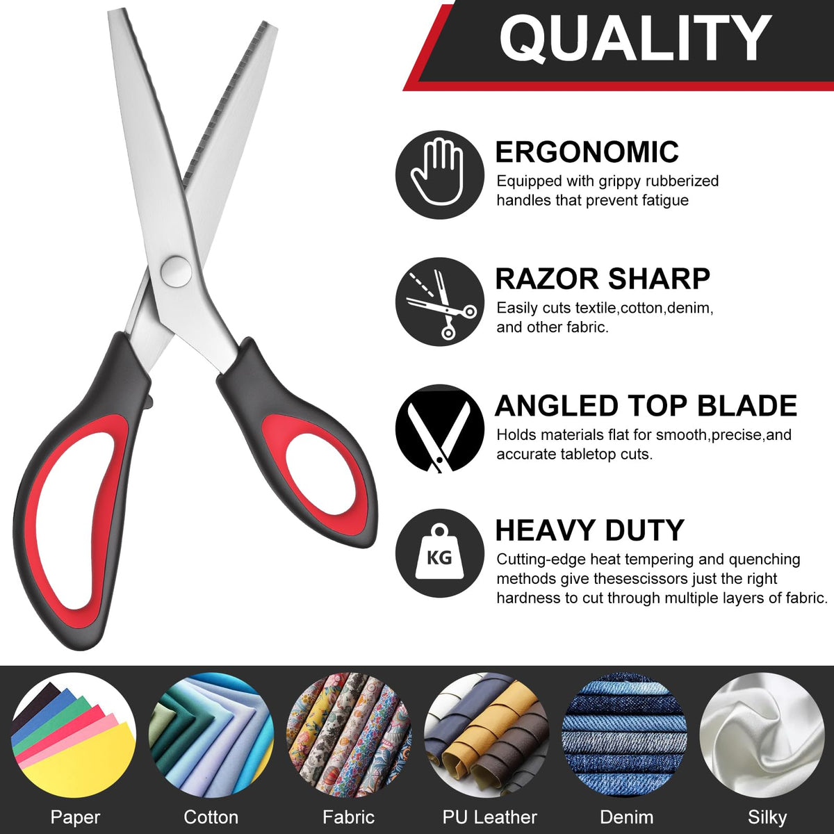 9 Inch Pinking Shears for Fabric, Zig Zag Sewing Scissors, Black Red