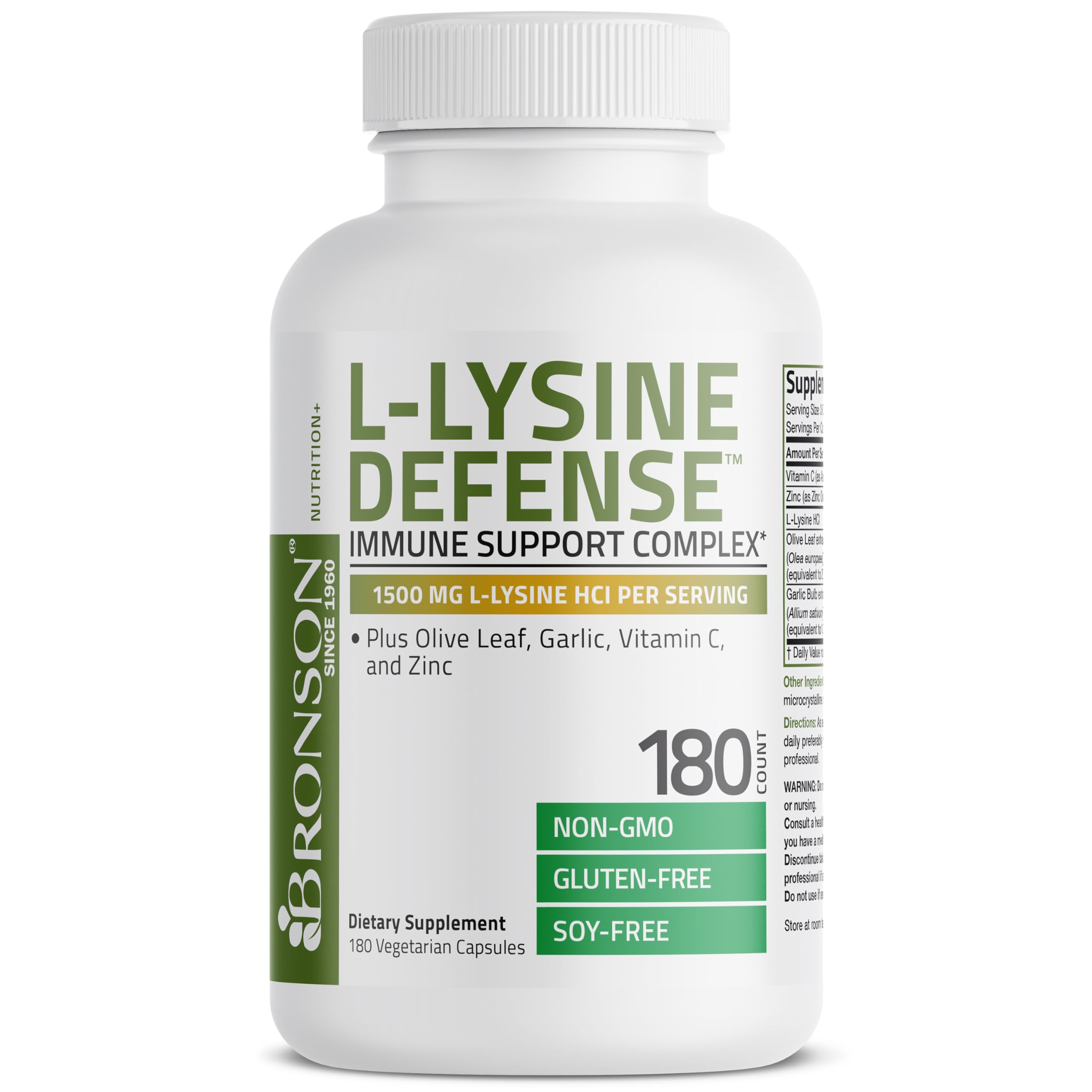 Bronson L-Lysine Defense Immune Support Complex, 1500 mg, 180 Capsules | Essential Amino Acid with Olive Leaf, Garlic, Vitamin C & Zinc, Vegetarian, Non-GMO, Gluten-Free & Soy-Free