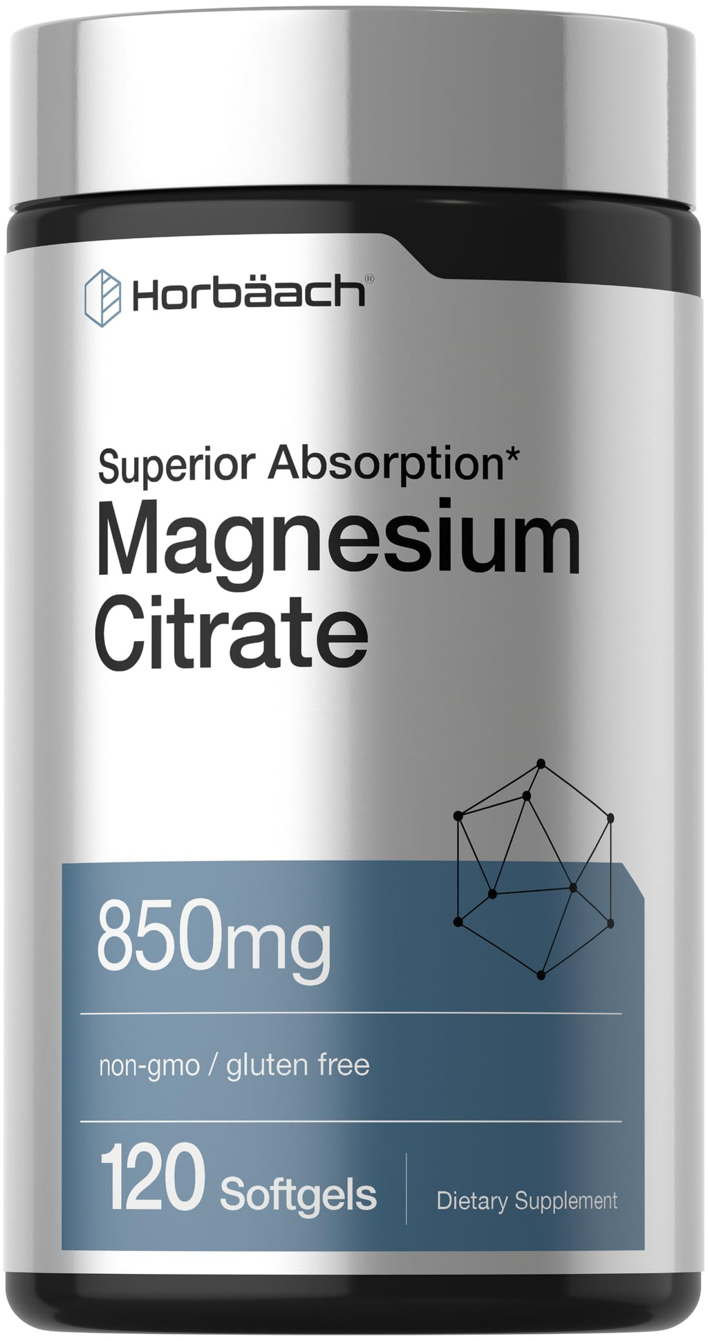 Horbäach Magnesium Citrate | 850mg | 120 Softgels | Superior Absorption