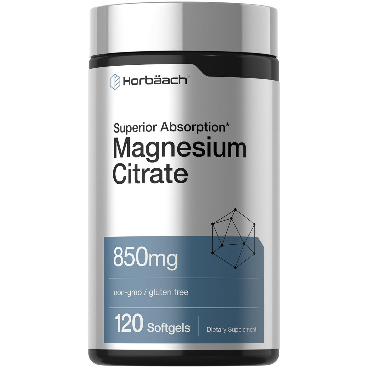 Horbäach Magnesium Citrate | 850mg | 120 Softgels | Superior Absorption