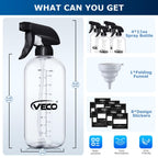 Veco 15oz Graduated Spray Bottles, 4-Pack — 360° Any-Angle Spraying for Easy Dilution, Leak-Resistant spray bottles for Cleaning, Plants, Hair & Pet Use + Foldable Funnel