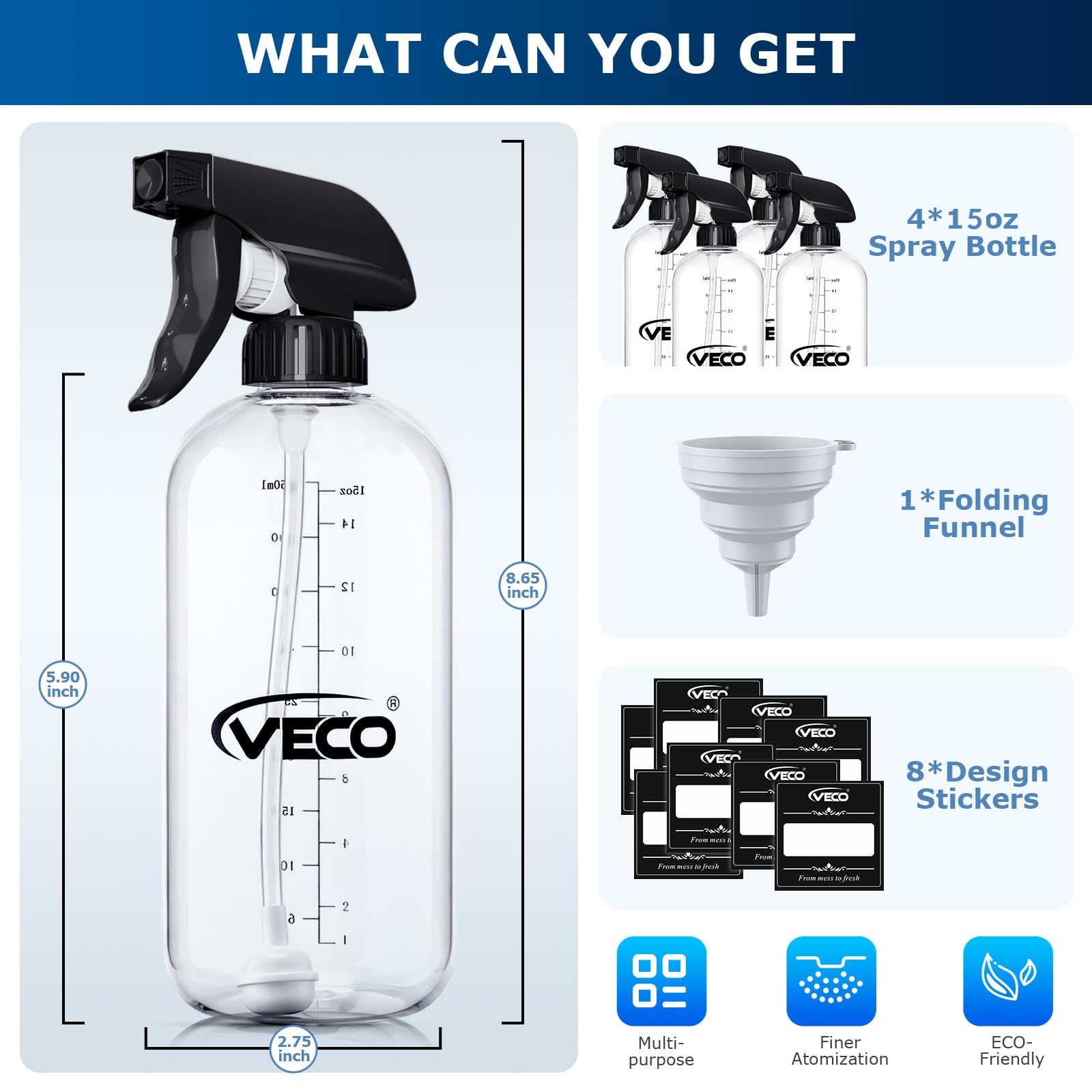 Veco 15oz Graduated Spray Bottles, 4-Pack — 360° Any-Angle Spraying for Easy Dilution, Leak-Resistant spray bottles for Cleaning, Plants, Hair & Pet Use + Foldable Funnel