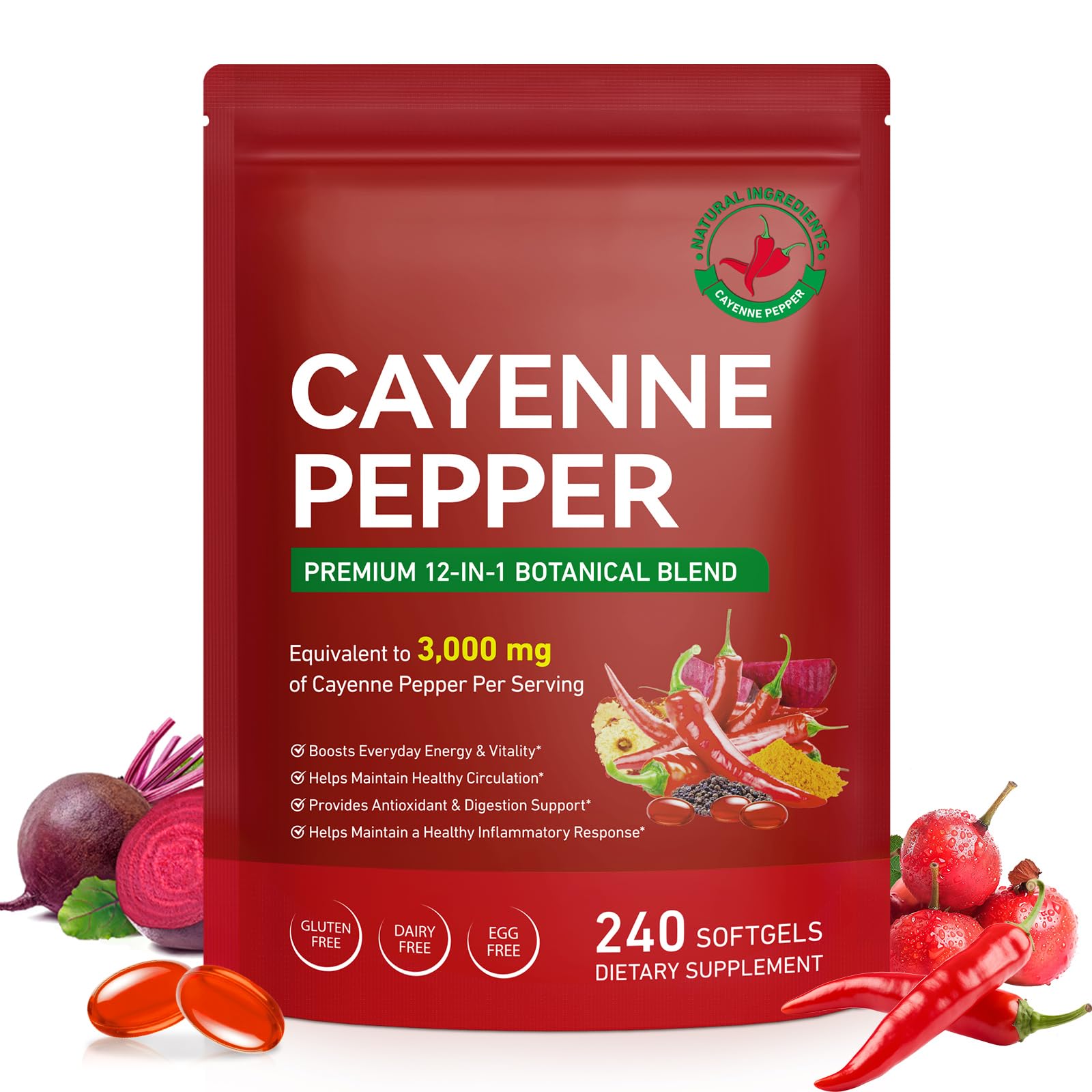 FANSHI Cayenne Pepper Softgels Supplement, 2 PCS, 240 Capsules | 12-in-1 Serving with Vitamins D3, K2 & E, Supports Healthy Circulation & Daily Energy, Features Hawthorn, Beetroot & Turmeric