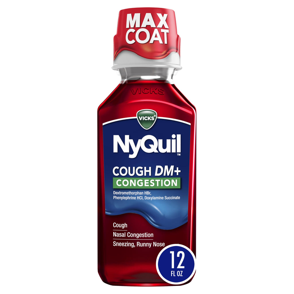Buy now Vicks NyQuil Cough DM+ Congestion Relief Liquid Medicine, Maximum Strength Multi-Symptom Nighttime Relief for Cough, Nasal Congestion, Sneezing and Runny Nose, Cherry Flavor, 12 FL OZ at indiglob india