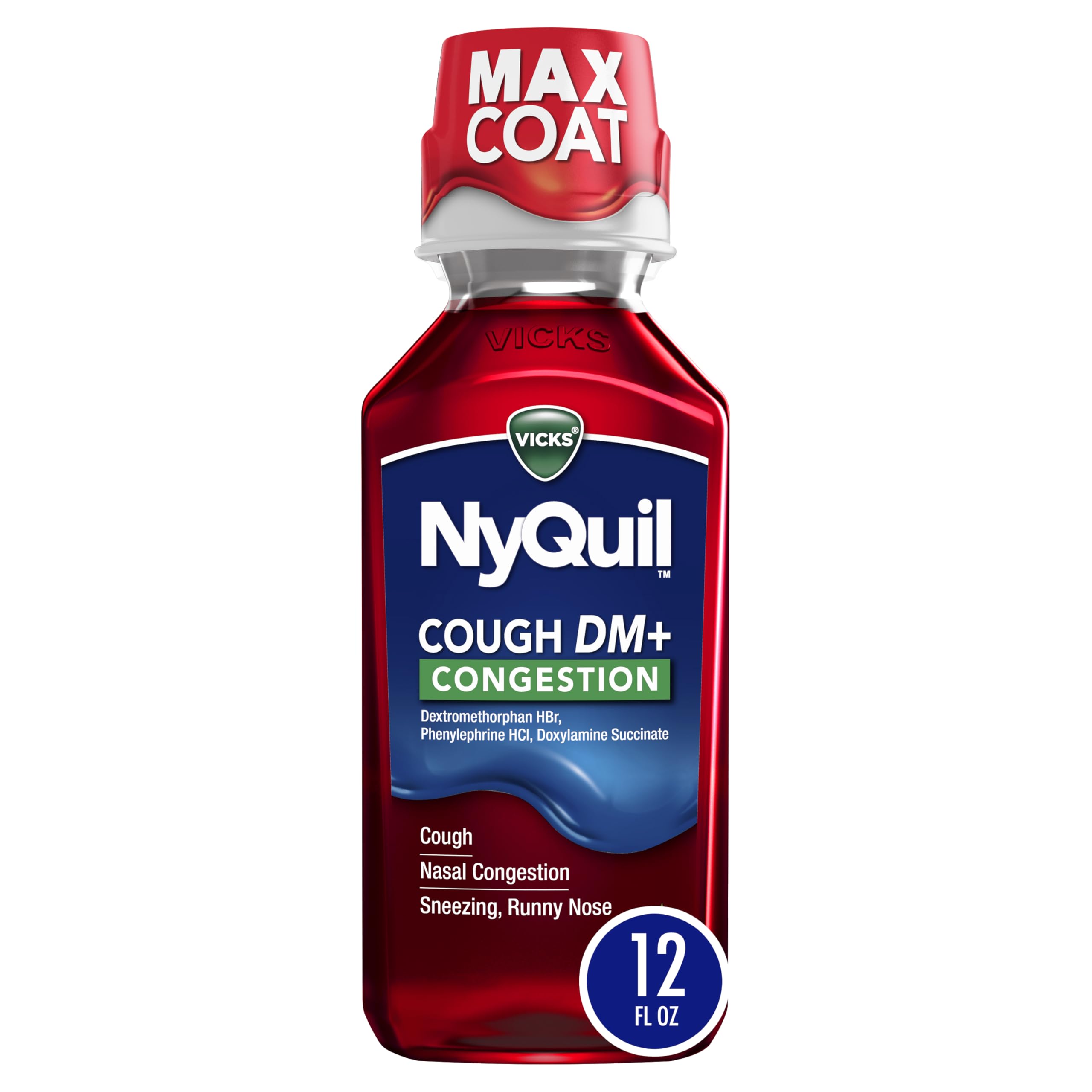 Buy now Vicks NyQuil Cough DM+ Congestion Relief Liquid Medicine, Maximum Strength Multi-Symptom Nighttime Relief for Cough, Nasal Congestion, Sneezing and Runny Nose, Cherry Flavor, 12 FL OZ at indiglob india