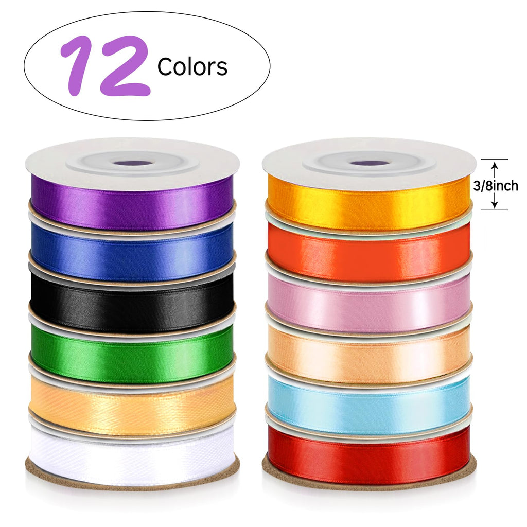 Rainbow Satin Ribbon, 12 Colors 3/8 Inch x 12 Rolls