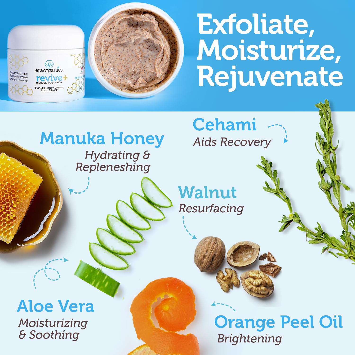 Manuka Honey Exfoliating Facial Scrub - Microdermabrasion Face Exfoliant | Gentle Moisturizing Exfoliator - Cleanse & Smooth Skin, Minimize Pores - With Organic Aloe Vera & Natural Cehami Extract 2oz