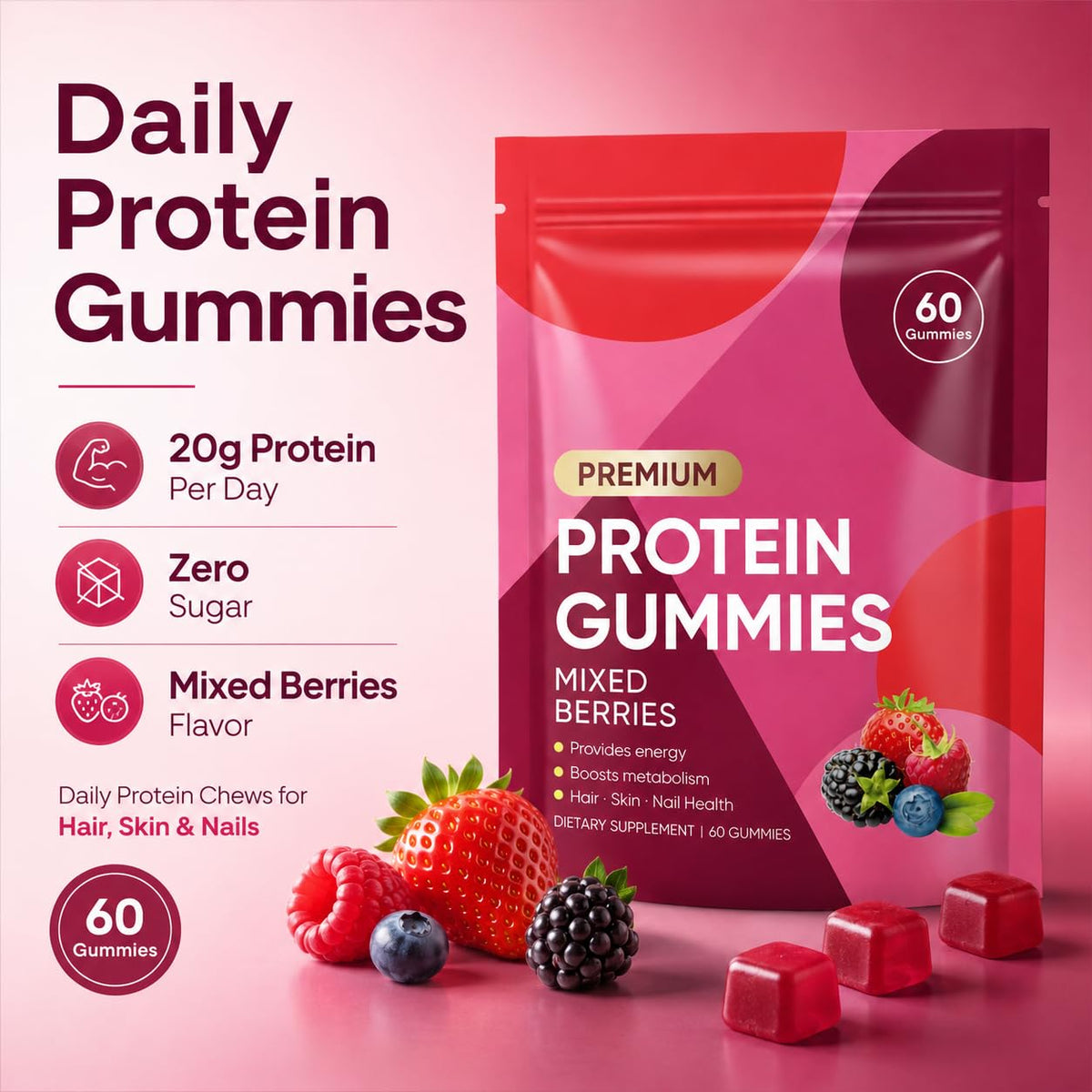 OAKA Protein Gummies, 20g Protein per Day, Zero Sugar, 60 Gummies