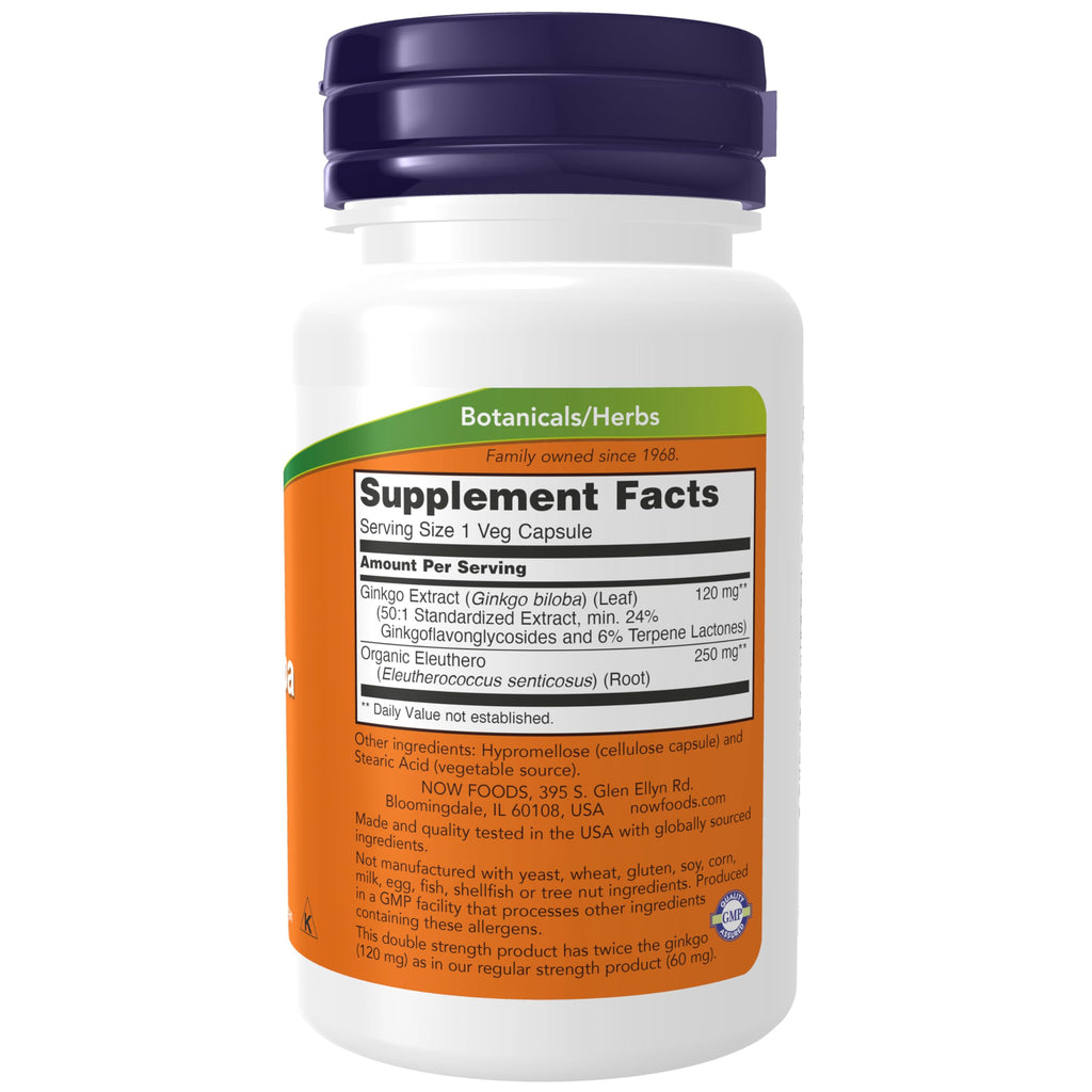 NOW Foods Supplements, Ginkgo Biloba 120 mg, Double Strength, Non-GMO Project Verified, 50 Veg Capsules