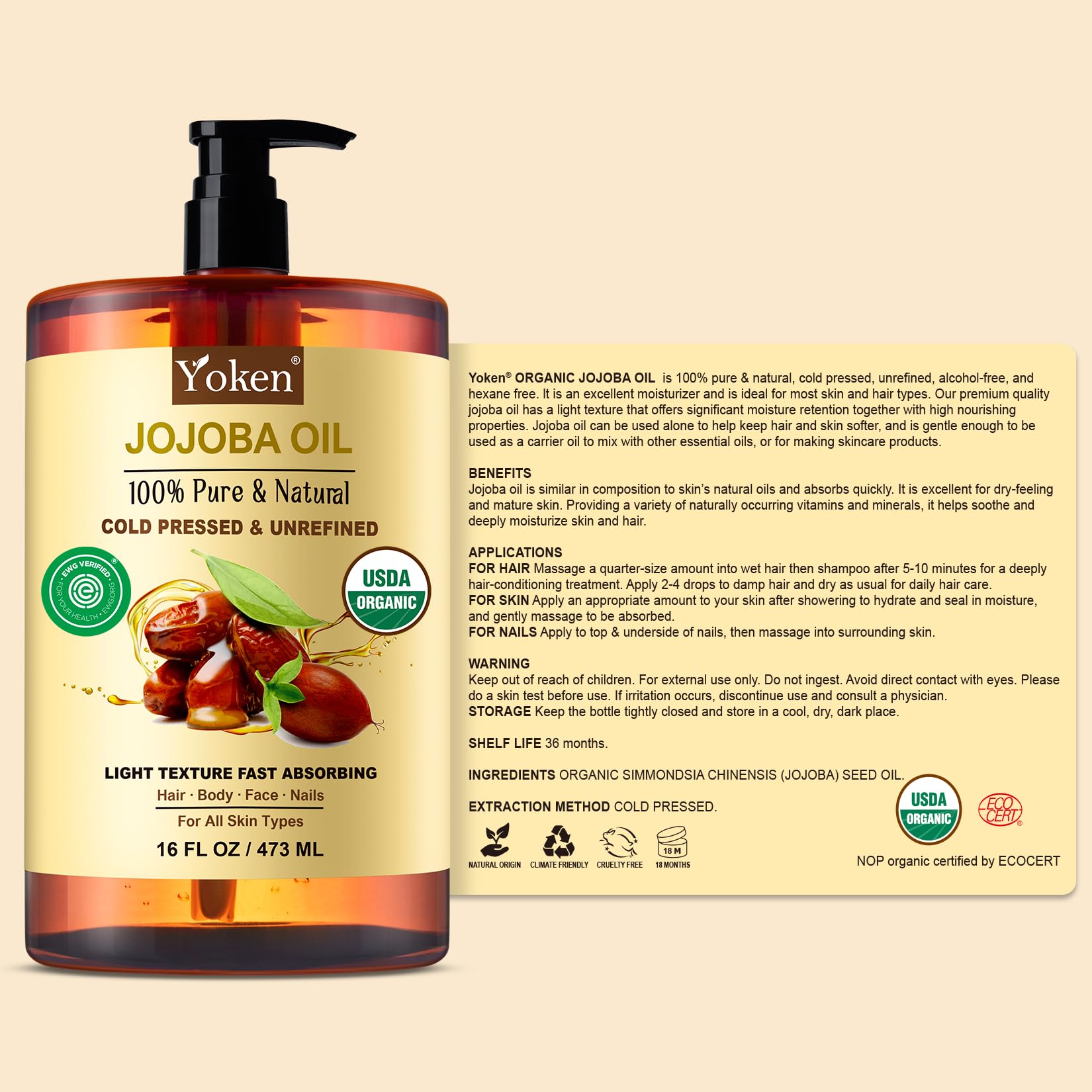 Yoken Organic Jojoba Oil 16oz, USDA Certified Cold Pressed for Skin Care | Cold Pressed Body Oil Women After Shower Unscented Carrier Massage Moisturizer Hydrating Nourishing Essential Mixing
