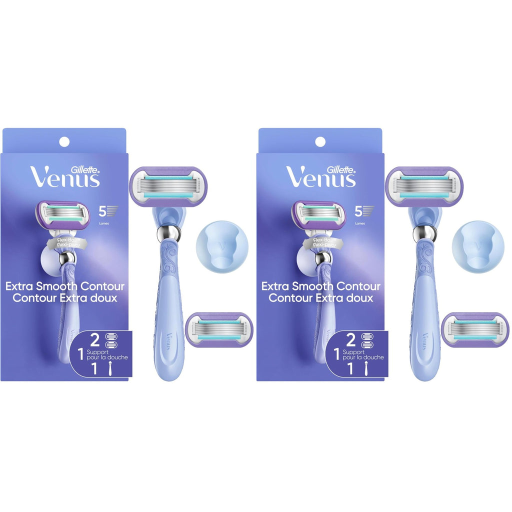 Gillette Venus Razor for Women, Extra Smooth Contour, Includes 1 Reusable Razor Handle + 4 Count 5-Bladed Razor Refills, with Flexiball Pivoting Handle and Shower Holder