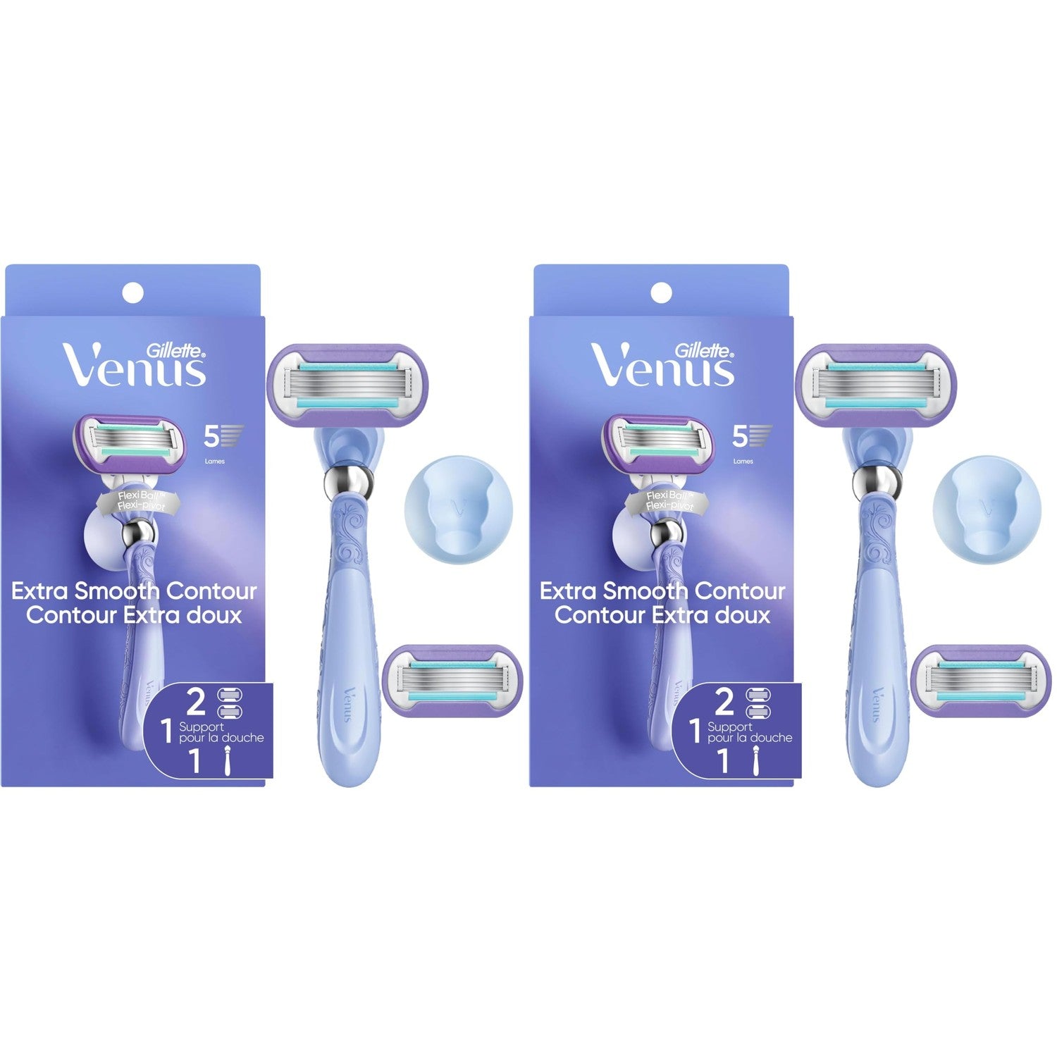 Gillette Venus Razor for Women, Extra Smooth Contour, Includes 1 Reusable Razor Handle + 4 Count 5-Bladed Razor Refills, with Flexiball Pivoting Handle and Shower Holder