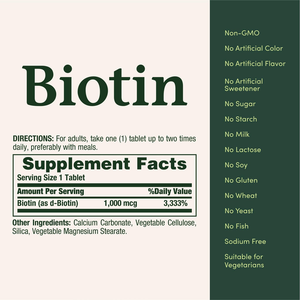 Nature's Bounty Biotin, 1000 mcg, 100 Tablets | Supports Metabolism for Energy and Healthy Hair, Skin, and Nails