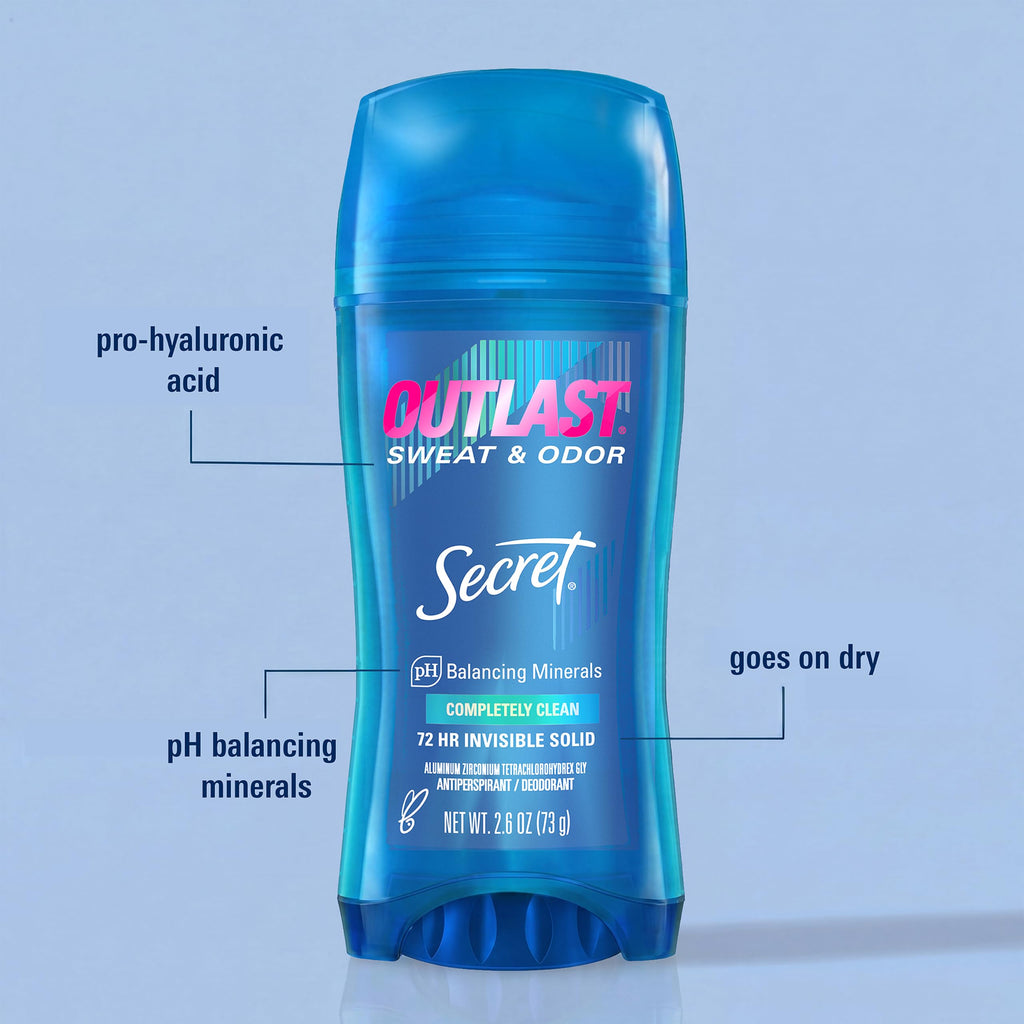 Secret Outlast Antiperspirant Deodorant for Women, 72hr Sweat & Odor Protection, PH Balancing Minerals, Invisible Solid, Completely Clean Scent, 2.6 oz (Pack of 2)
