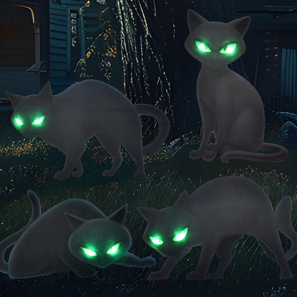 Lighted Black Cat Decor Yard Signs, 4 PCS Halloween Decorations Outdoor Scary Black Cat with LED Lights Glow Eyes for Lawn Garden Yard Stakes Outside Halloween Decoration Decor Clearance