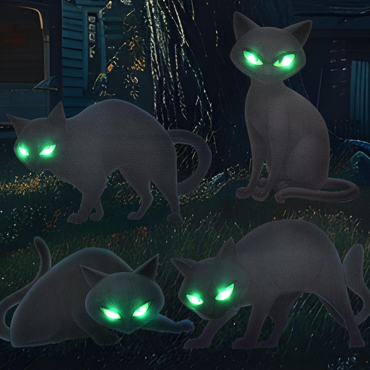 Lighted Black Cat Decor Yard Signs, 4 PCS Halloween Decorations Outdoor Scary Black Cat with LED Lights Glow Eyes for Lawn Garden Yard Stakes Outside Halloween Decoration Decor Clearance