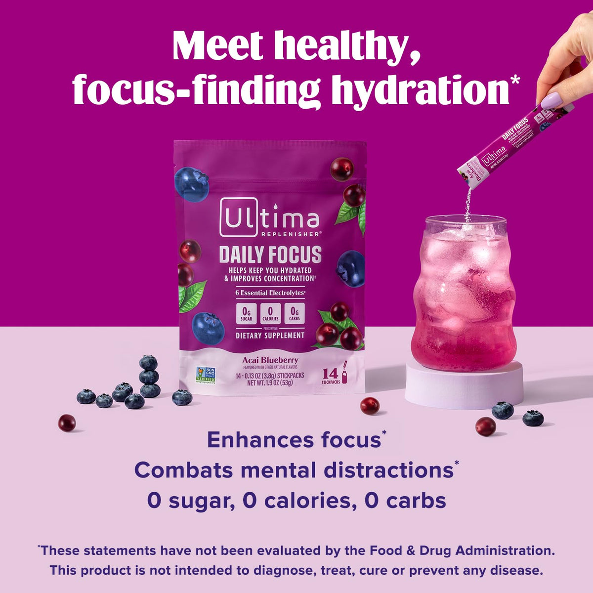 Ultima Replenisher Daily Focus Supplement, Acai Blueberry, 14 Stickpacks