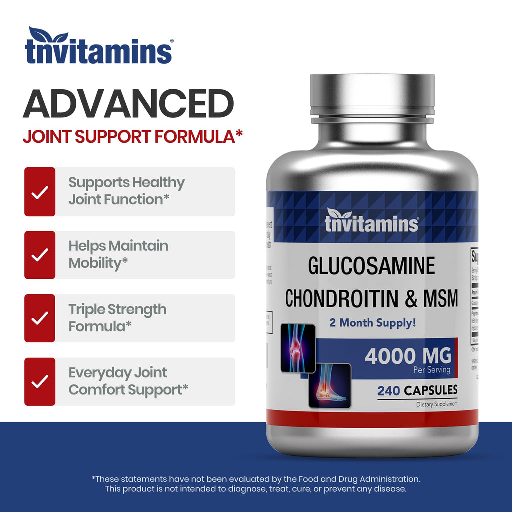 tnvitamins Glucosamine Chondroitin MSM, 240 Capsules, 4,000 mg Per Serving, Glucosamine Sulfate 2KCl, Joint Support Supplement for Men & Women