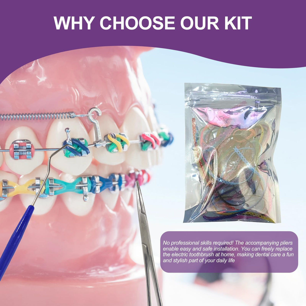 24 Pieces Colorful Power Chain Set (Continuous) for Braces, Fashion Dental Care, 20cm Orthodontic Elastic Band with Installation Tool, Teen & Adult DIY Replacement Chain, Colorful Power Chain Set