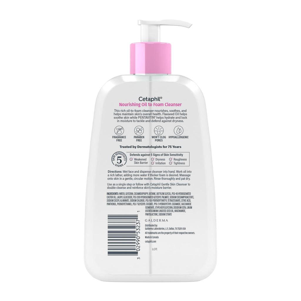 Cetaphil Nourishing Oil to Foam Facial Cleanser, Dry Skin, 8 fl oz | Gentle Hydrating Face Wash, Dry And Sensitive Skin, 24-Hour Moisture, Oil-To-Foam Formula, Dermatologist Recommended