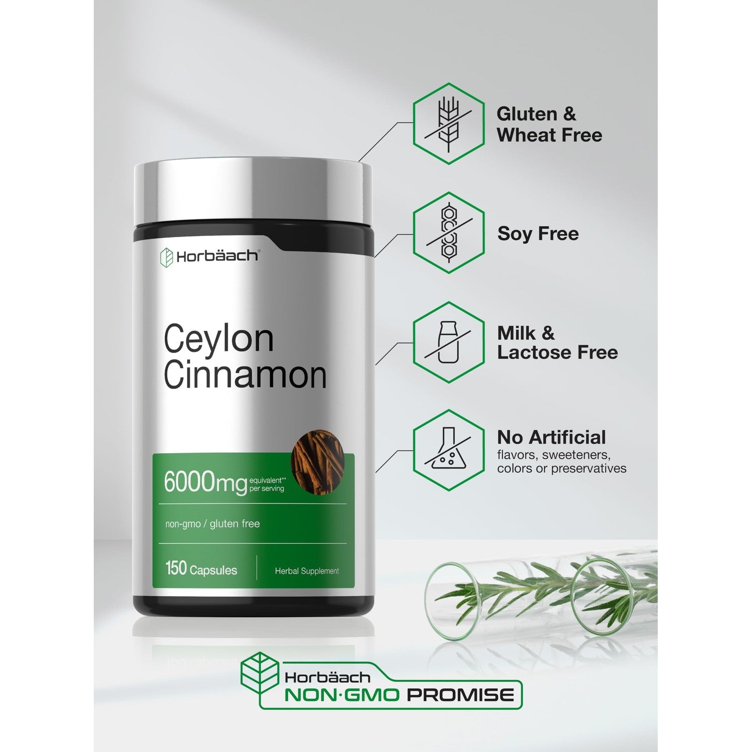 Horbäach Ceylon Cinnamon Supplement | 150 Capsules | Herbal Extract Pills | Non-GMO & Gluten Free