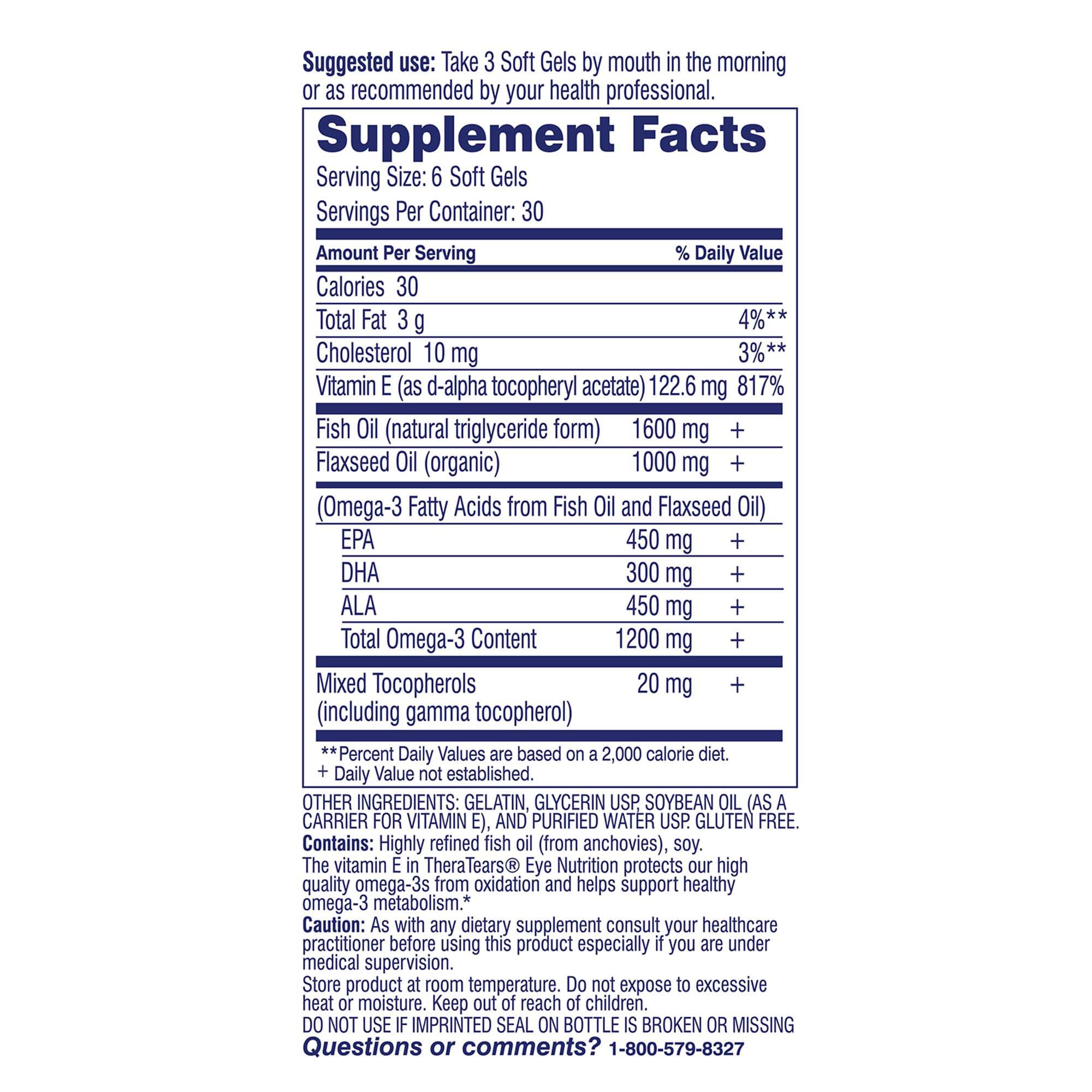 TheraTears Omega 3 Supplement for Eye Care, 180ct | 1200mg Fish Oil and Organic Flaxseed Oil with Vitamin E, Eye Nutrition, Promotes Healthy Tears & Eye Comfort