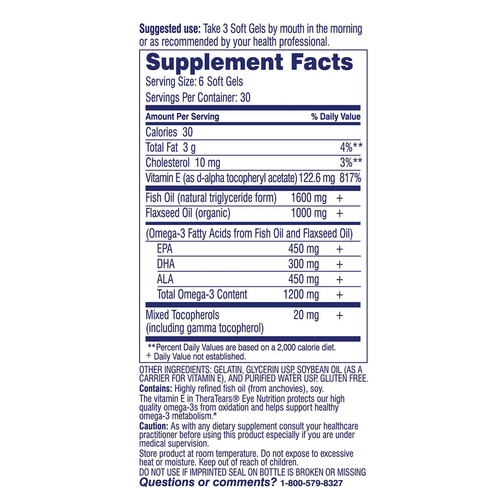TheraTears Omega 3 Supplement for Eye Care, 180ct | 1200mg Fish Oil and Organic Flaxseed Oil with Vitamin E, Eye Nutrition, Promotes Healthy Tears & Eye Comfort
