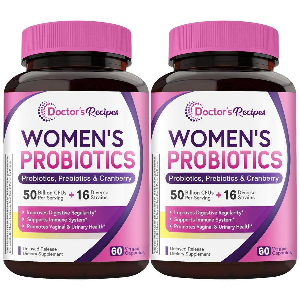 Doctor's Recipes Women's Probiotic, 60 Caps 50 Billion CFU 16 Strains, with Organic Cranberry, Digestive Immune Vaginal & Urinary Health, Shelf Stable, Delayed Release, No Soy Gluten Dairy