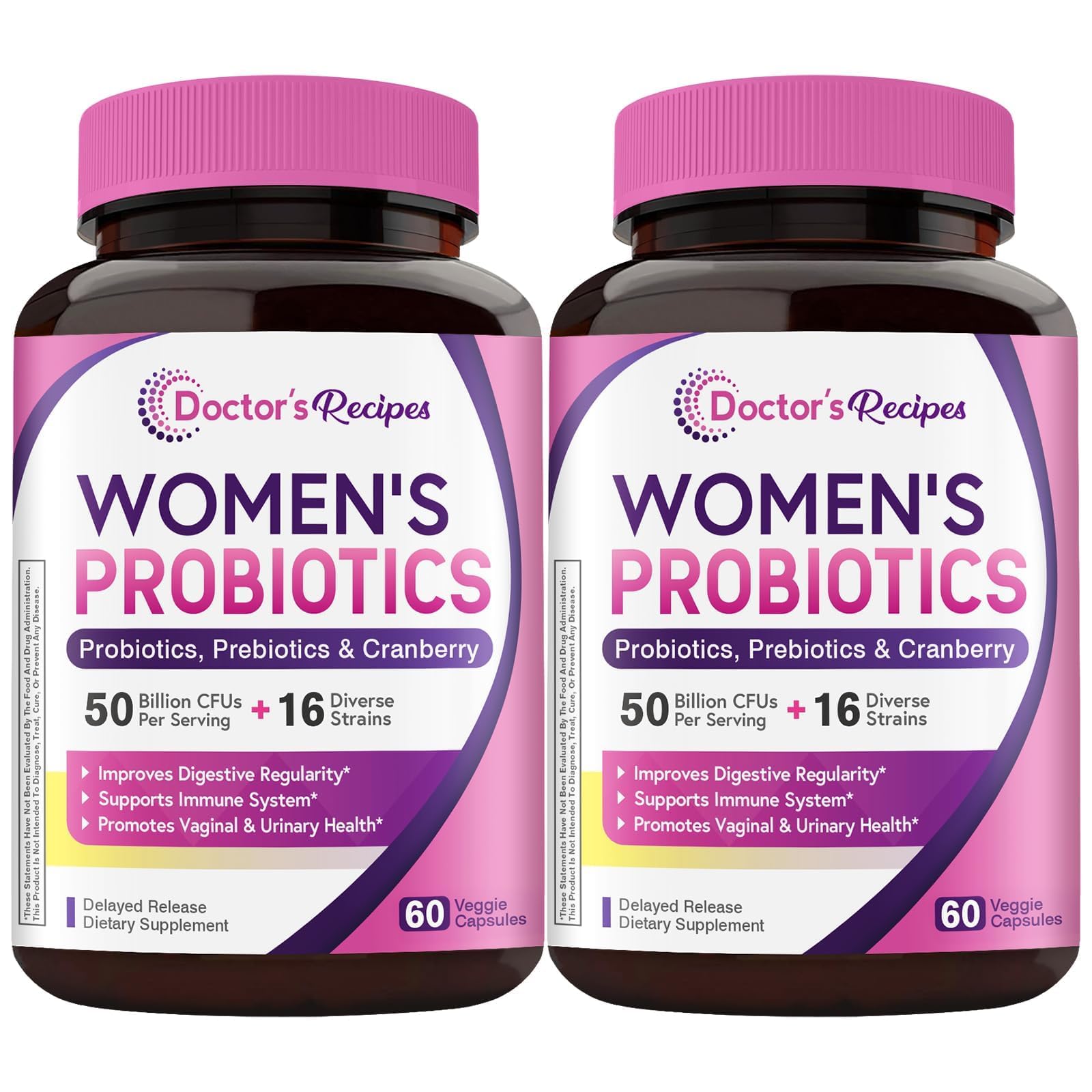 Doctor's Recipes Women's Probiotic, 60 Caps 50 Billion CFU 16 Strains, with Organic Cranberry, Digestive Immune Vaginal & Urinary Health, Shelf Stable, Delayed Release, No Soy Gluten Dairy