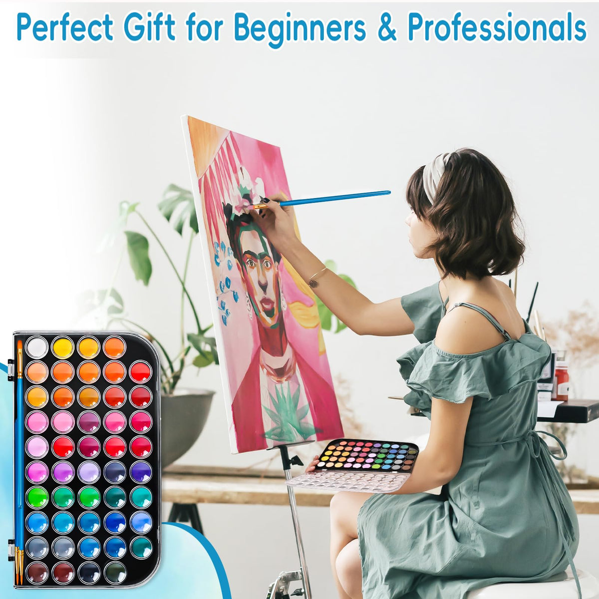 48 Color Solid Watercolor Paint Set with 3 Wooden Brushes for Adults Kids