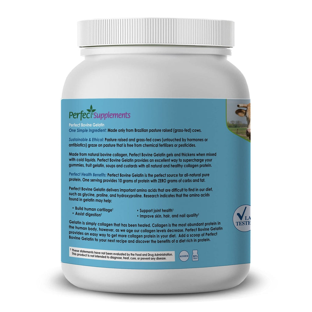 Perfect Bovine Gelatin 100% Grass Fed Beef Gelatin Powder (Cooked Collagen), Brazilian Pasture Raised ~ Large 23.3oz. 60 Serving Container ~ No Fillers, GMOs or Pesticides