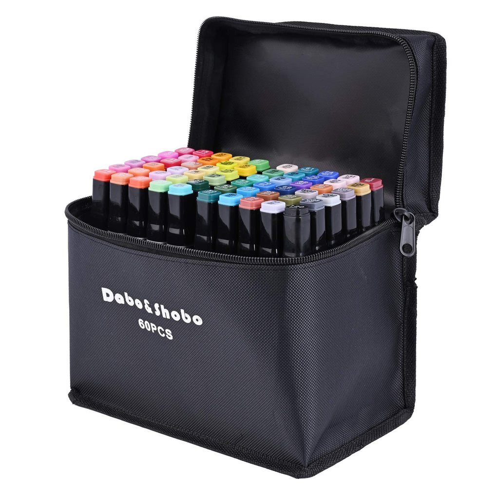 Dabo&Shobo 60 Color Alcohol Marker Pens, Bright Permanent Markers For Coloring, Markers For Adults Coloring Book, Wide Chisel And Fine Tip, Dual Tip Design Equipped with Black Suitcase