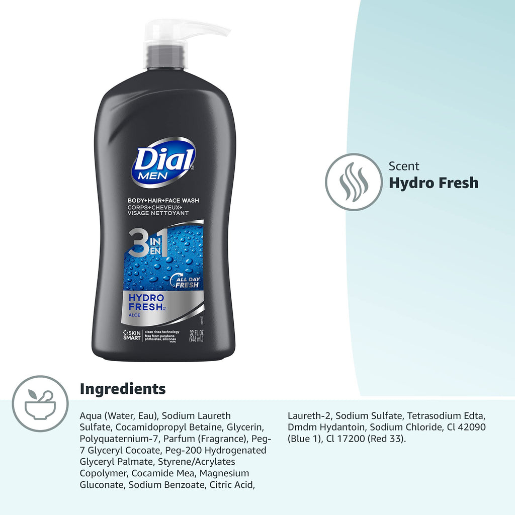 Buy now Dial Men 3in1 Body, Hair and Face Wash, Hydro Fresh, 32 fl oz at indiglob india