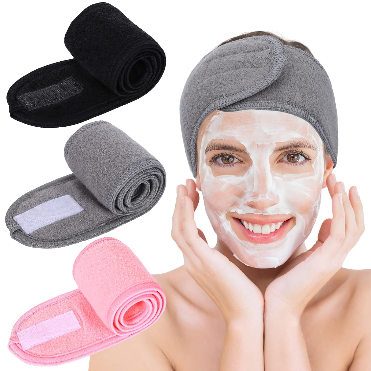Buy now Whaline 3Pcs Spa Facial Headband Make Up Wrap Head Terry Cloth Headband Adjustable Washable Towel for Face Washing Shower Skincare Facial Treatment Sport Fits Makeup (White, Black, Gray) Black, Pink, Gray at indiglob india