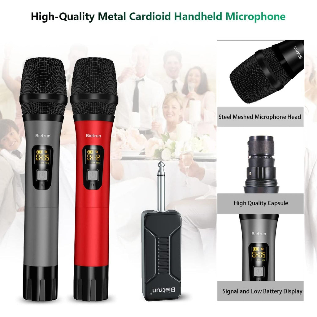 Buy now Bietrun Wireless Microphone, Professional UHF Metal Dual Handheld Cordless Dynamic Mic System Set with Rechargeable Receiver, 1/4‘’Output, Plug and Play, Instrument-Wireless-Mics for Karaoke, Wedding at indiglob india
