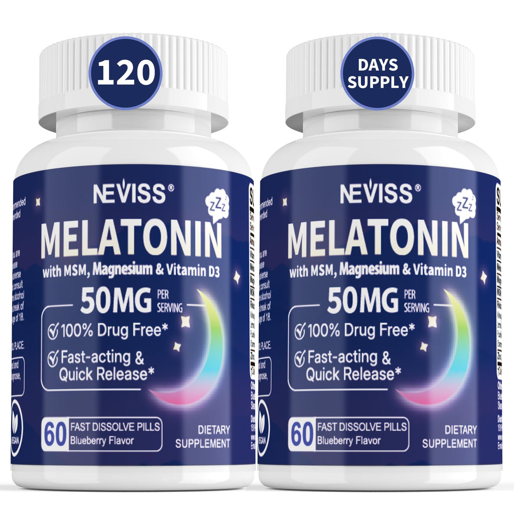 NEVISS Melatonin 50 mg for Adults - Extra Strength 9-in-1 Fast Dissolve Sublingual - High Dose with Magnesium Glycinate, Vitamin D3, Ashwagandha, Lemon Balm, Chamomile, Sugar Free, Vegan,60 Tablets