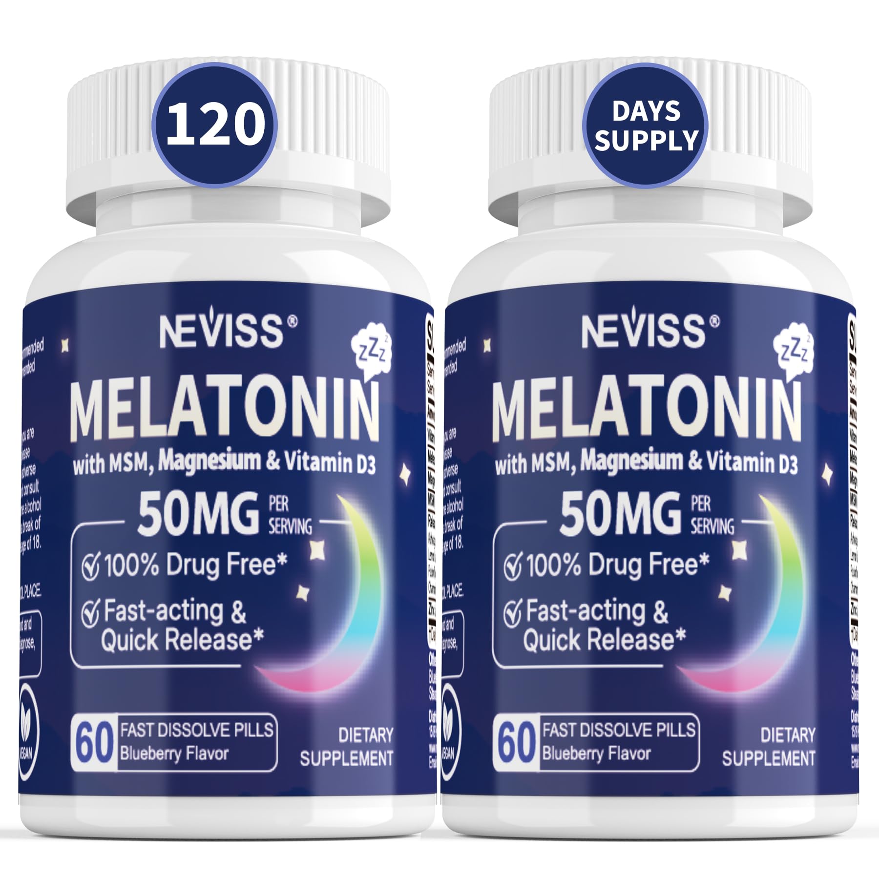 NEVISS Melatonin 50 mg for Adults - Extra Strength 9-in-1 Fast Dissolve Sublingual - High Dose with Magnesium Glycinate, Vitamin D3, Ashwagandha, Lemon Balm, Chamomile, Sugar Free, Vegan,60 Tablets