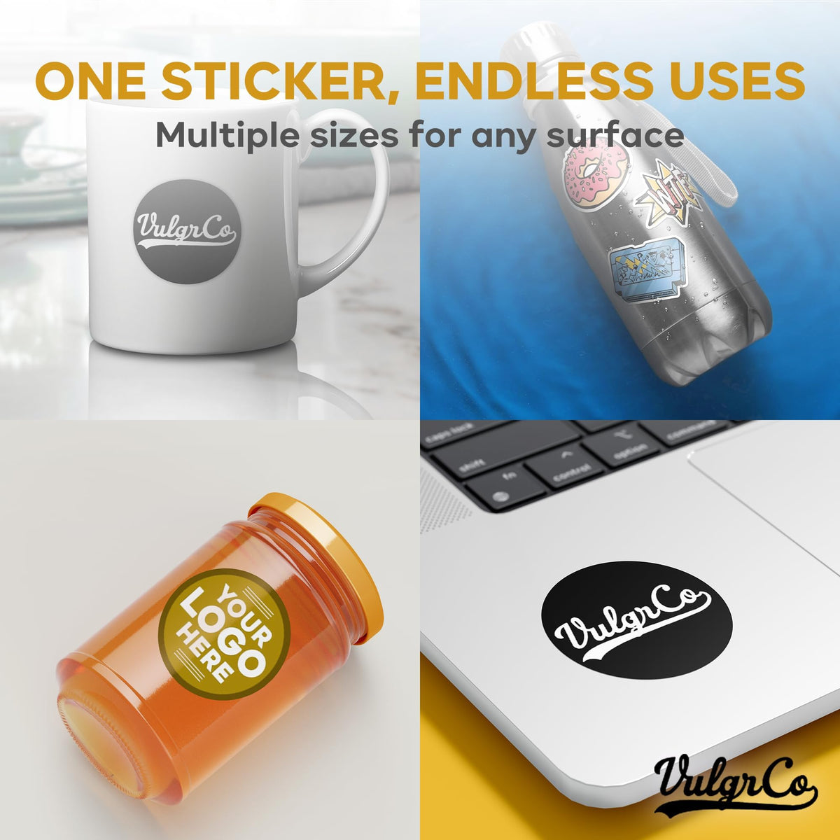 VulgrCo Custom Stickers, Image or Text- Vinyl Custom Labels Stickers Personalized - Waterproof, Dishwasher Safe, Fade Resistant, UV Protected Business Labels