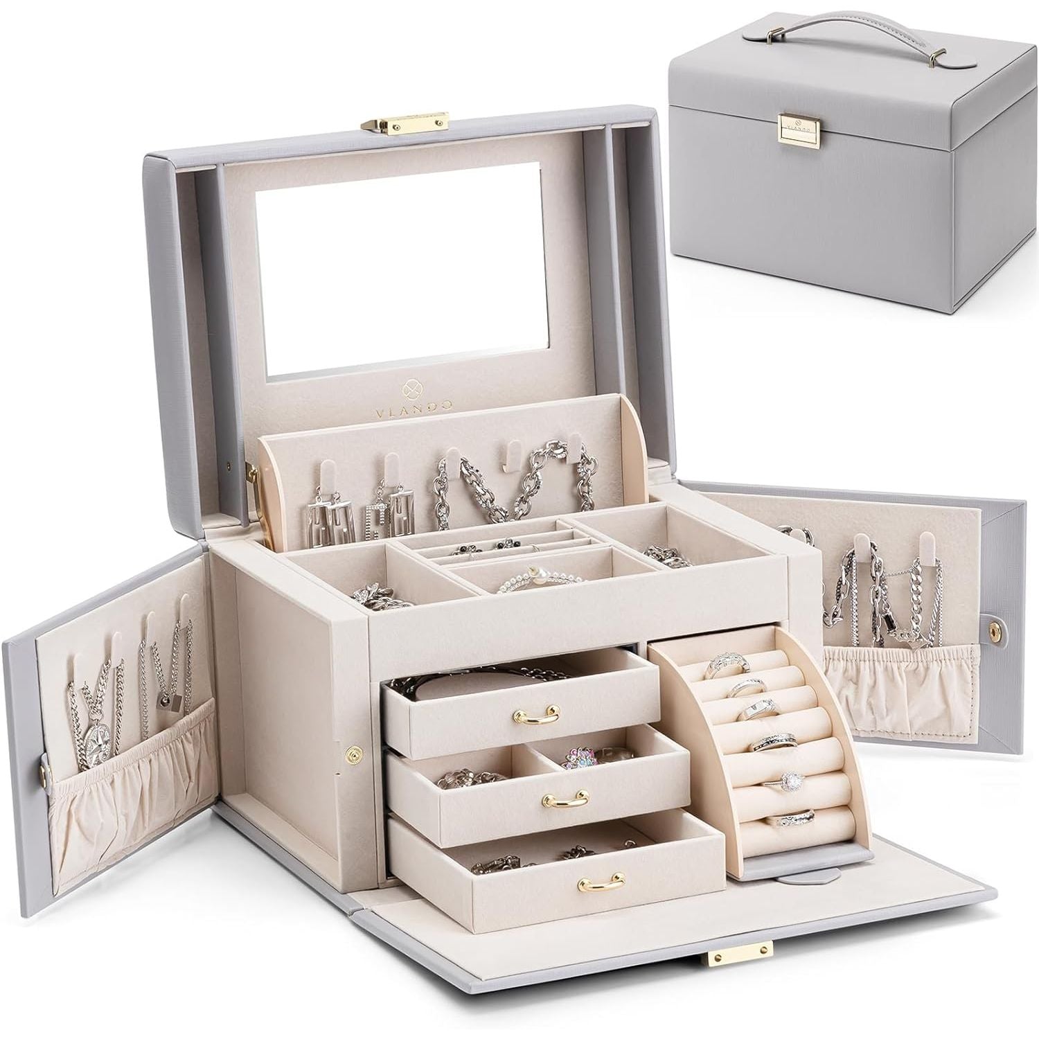 Buy now Vlando Jewelry Box Organizer for Girls Women, Large Baroque Jewelry Holder Organizer with Mirror, 3 Drawers for Bracelets, Earrings, Rings, Necklaces, Mothers Day for Loved One, Pink E.Grey at indiglob india