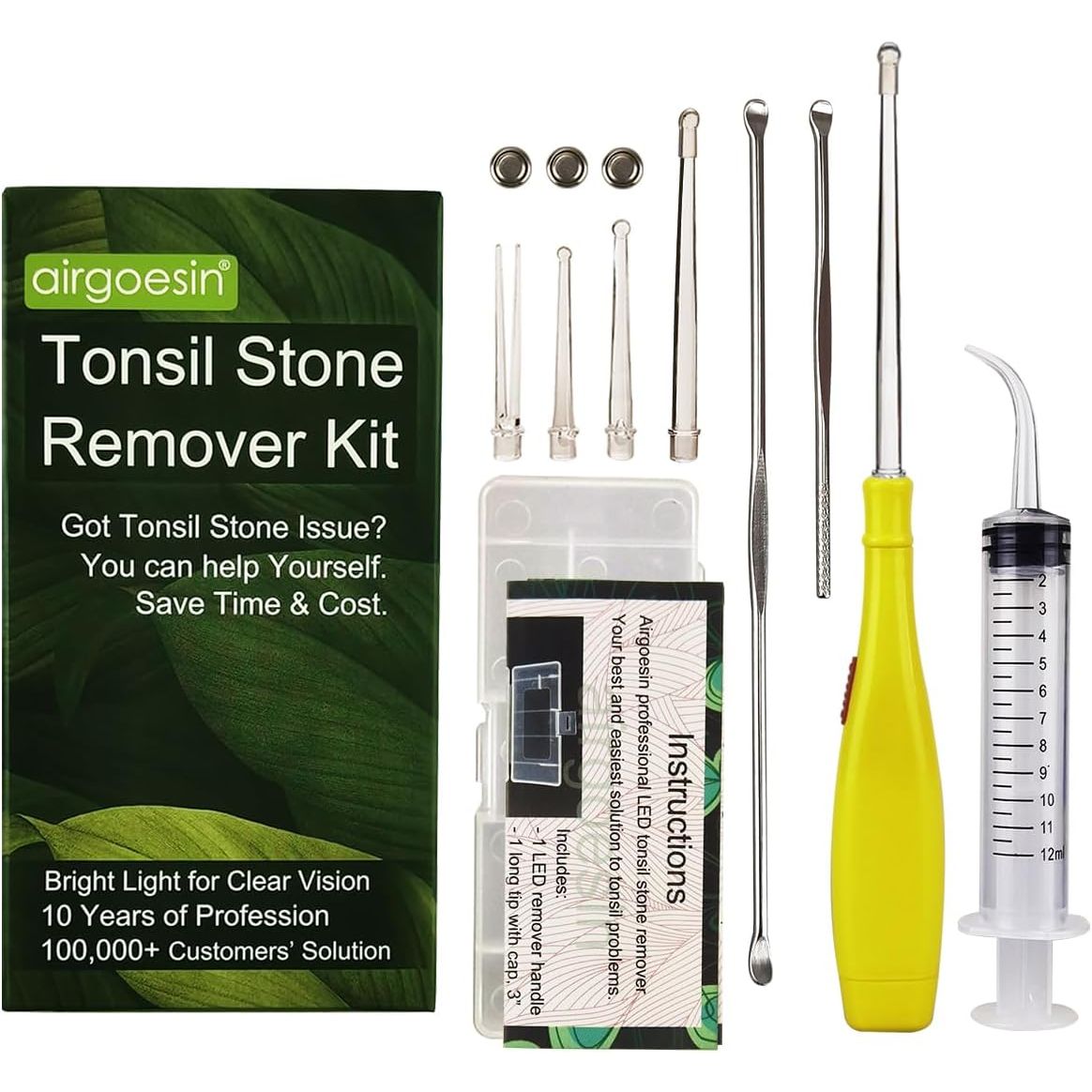 Buy now Airgoesinâ„¢ Upgraded Tonsil Stone Remover Tool, Blue, 5 Tips, Tonsillolith Pick Case + 1 Irrigator Fresh Breath Oral Rinse Yellow at indiglob india