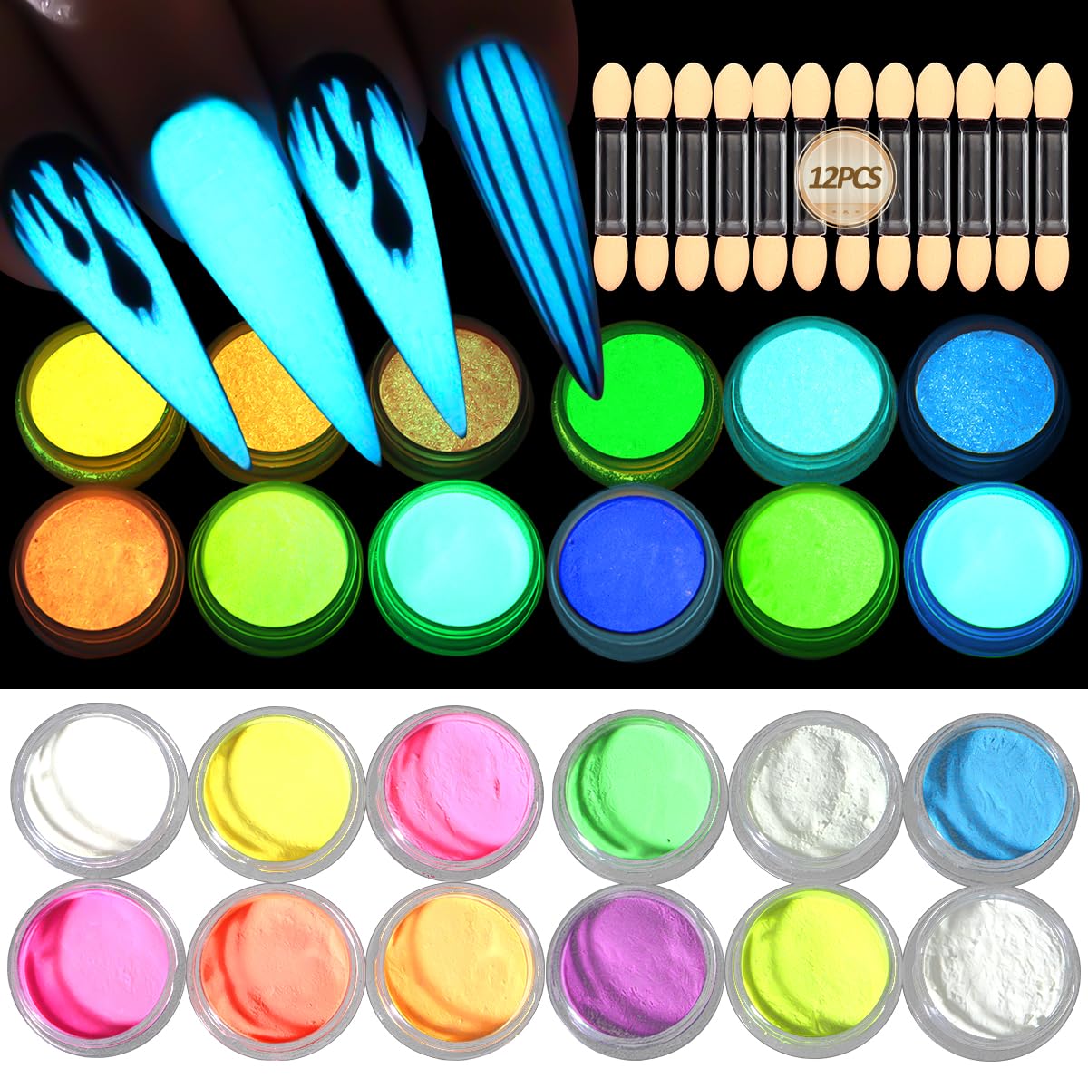 Glow in The Dark Pigment Powder,12 Colors Luminous Iridescent Acrylic Nail