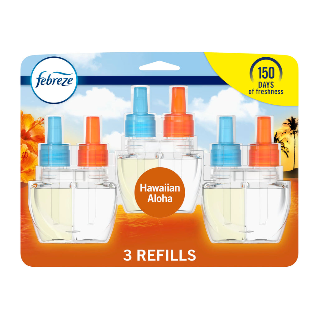 Febreze Plug in Air Freshener, Odor-Fighting Scented Oil Refill, Air Fresheners for Home and Bathroom and Kitchen, Long Lasting for Strong Odors, Hawaiian Aloha Scent, 0.87oz Refills, 3 Count