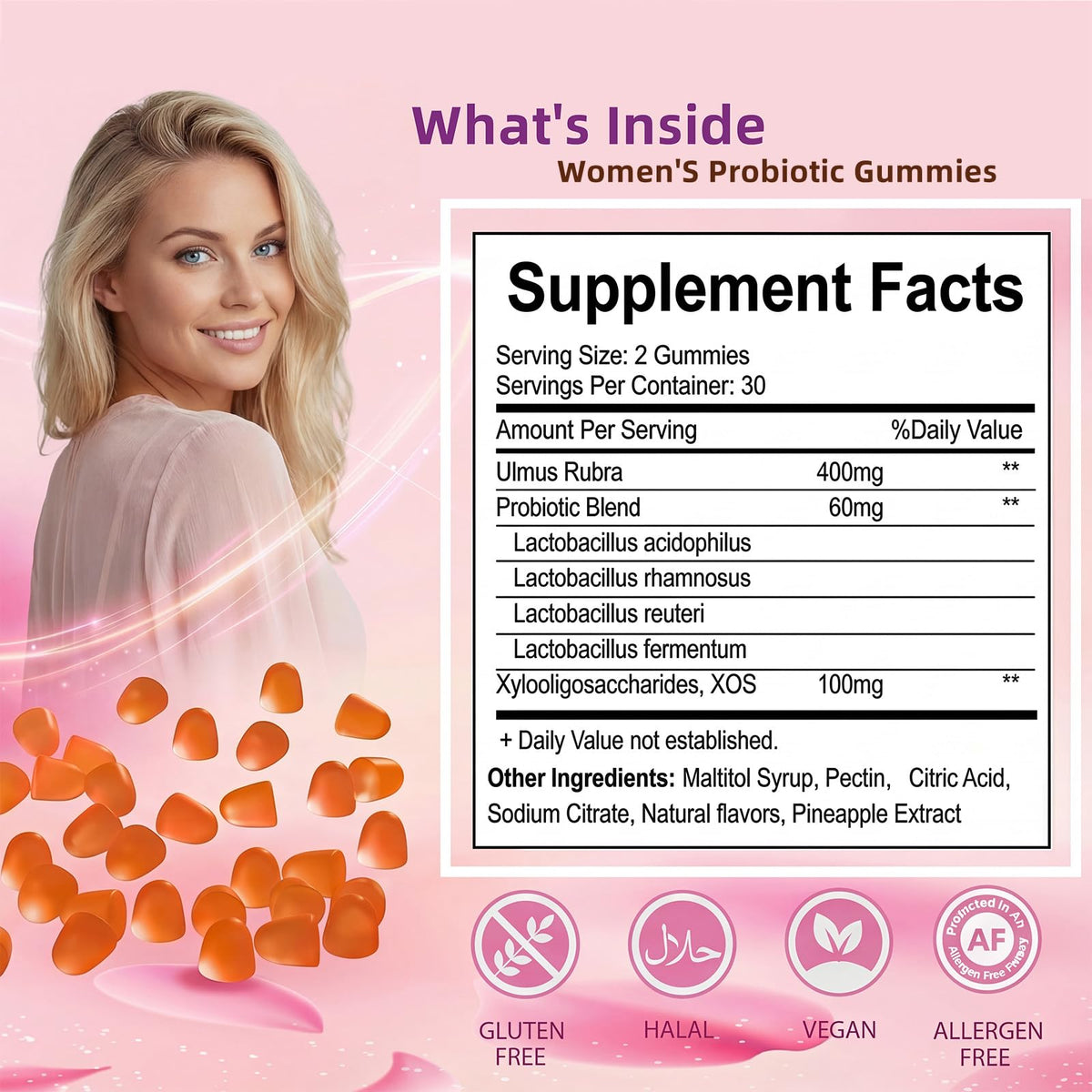 Women's Probiotics Gummies with Slippery Elm – Vaginal Health, Gut Health & pH Balance Support, Pineapple Flavor – Gluten Free, Vegan (30 Servings)（Q2）