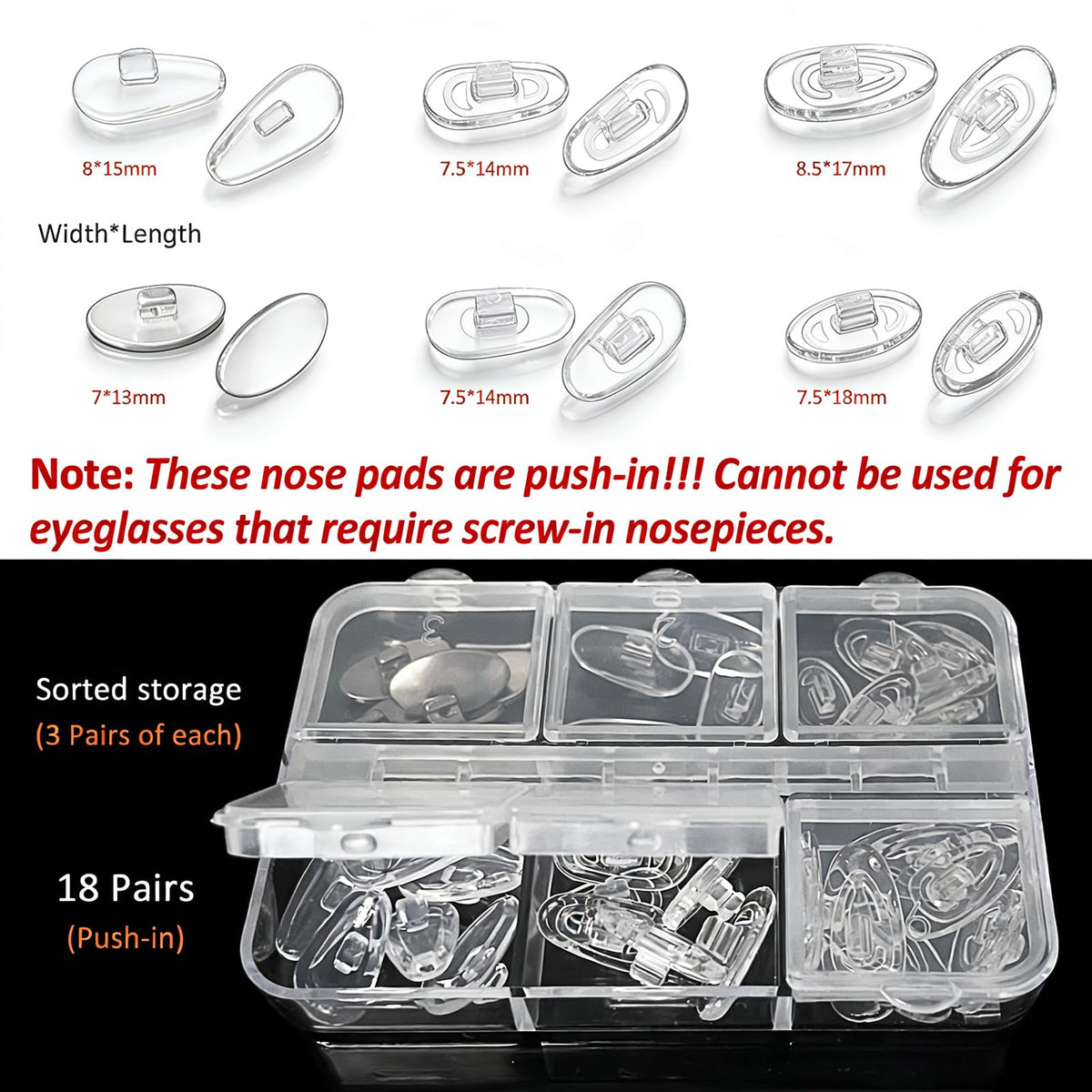 Push-in Eyeglass Nose Pads - PFDHQS 18 Pairs Glasses Nose Pads Replacement Kit - 6 Options Available for Replacing and Having Spare Nose Pads for Sunglasses