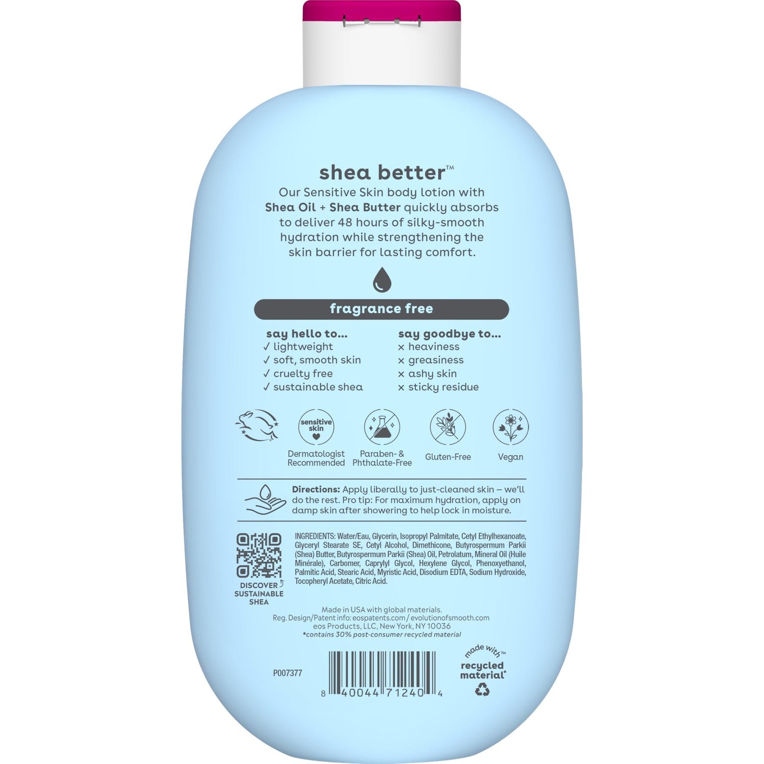 eos Shea Better Sensitive Skin Body Lotion - Fragrance-Free, 48-Hour Moisture Eczema Cream & Dry Skin Relief, Vegan, 16 fl oz (Packaging may vary)