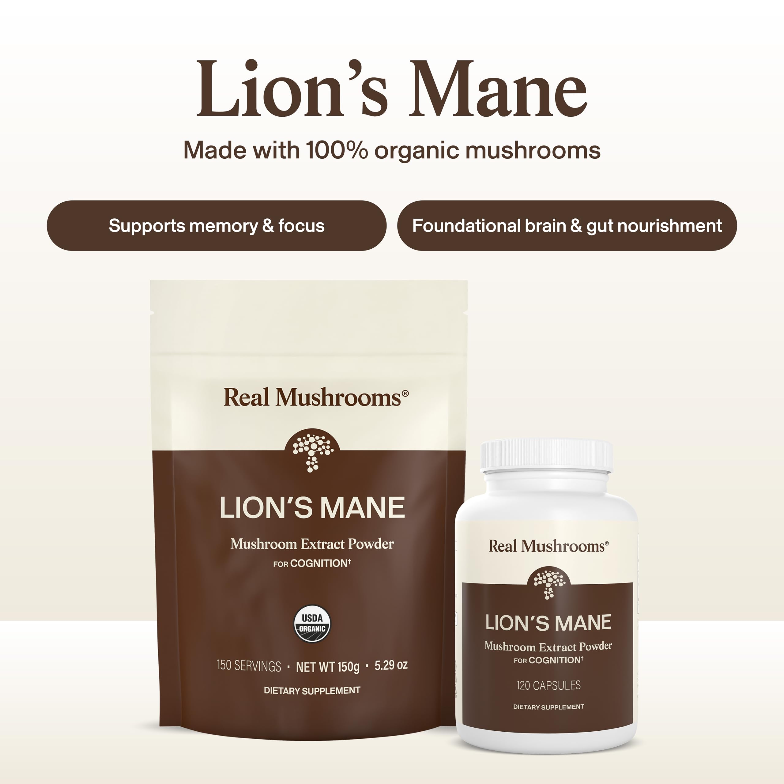 Real Mushrooms Lion's Mane Capsules, Brain, Focus and Cognition, 120ct | Organic Lion's Mane Extract for Wellness, Focus, Clarity Support, Vegan Non-GMO Powder, Daily Use, Verified Beta Glucans