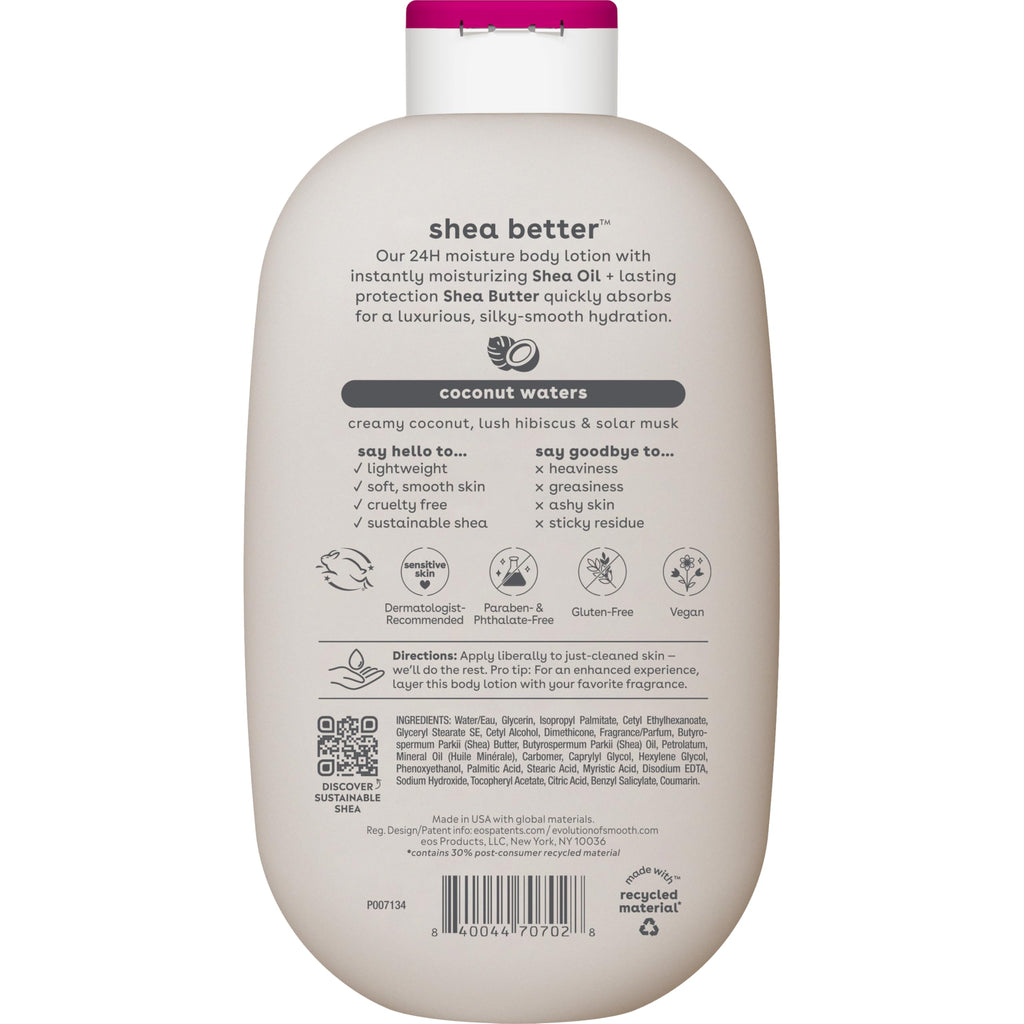 eos Shea Better Body Lotion Coconut Waters, 24-Hour Moisture Skin Care, Lightweight & Non-Greasy, Natural Shea, Vegan, Coconut Body Lotion, 16 fl oz
