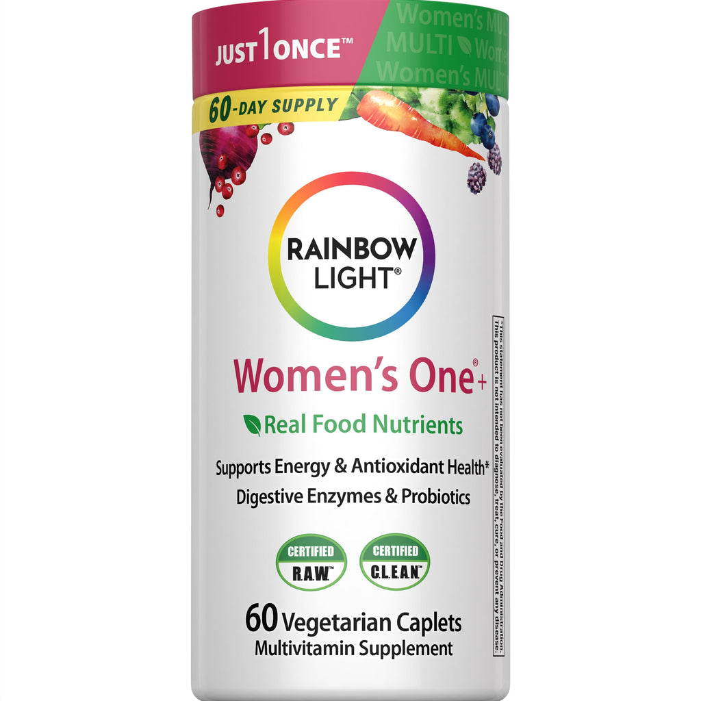 Rainbow Light Womens Multivitamin One + | 150 Caplets | Supports Cellular Energy & Antioxidant Health | Real Food Nutrients, Digestive Enzymes & Probiotics | with Vitamins C, D, and Zinc