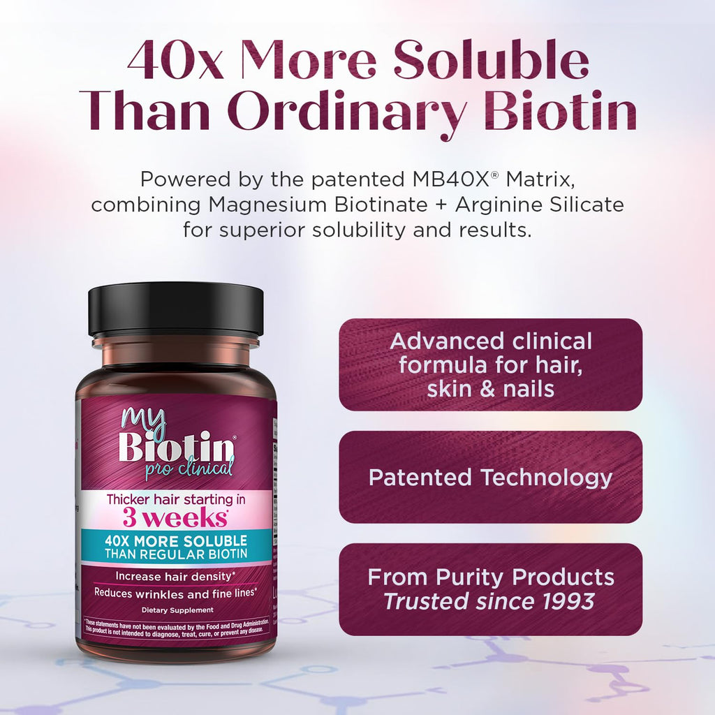 Purity Products MyBiotin ProClinical - Biotin - Thicker Hair in 3 Weeks | Fights Wrinkles, MB40X Patented Biotin Vitamin B7 Matrix w/Astaxanthin - 40X More Soluble vs Ordinary Biotin, 90 Veg Capsules